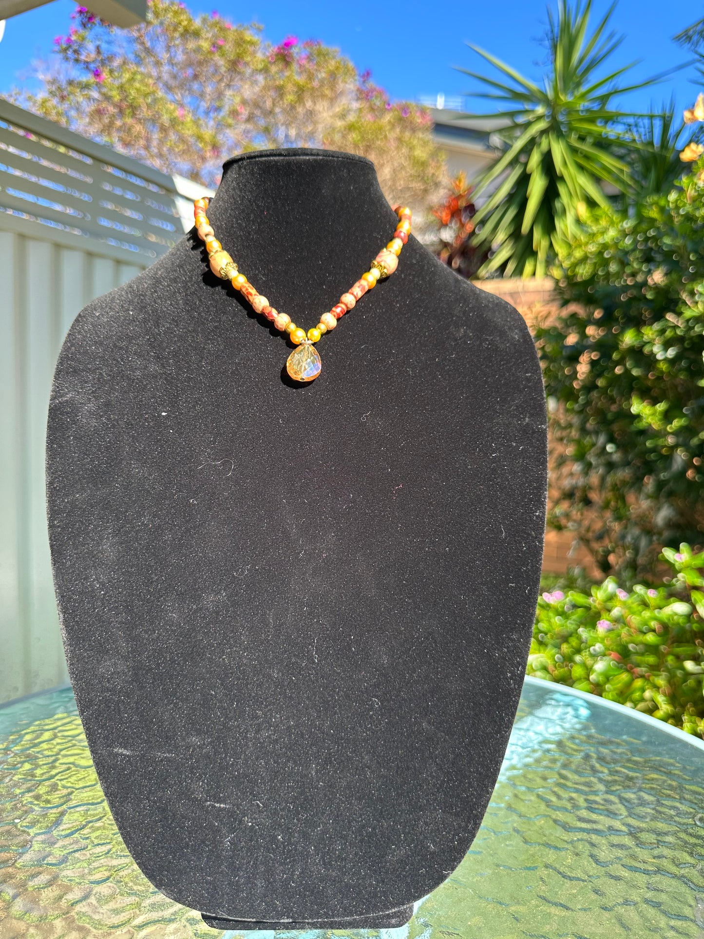 Wooden bead and crystal necklace