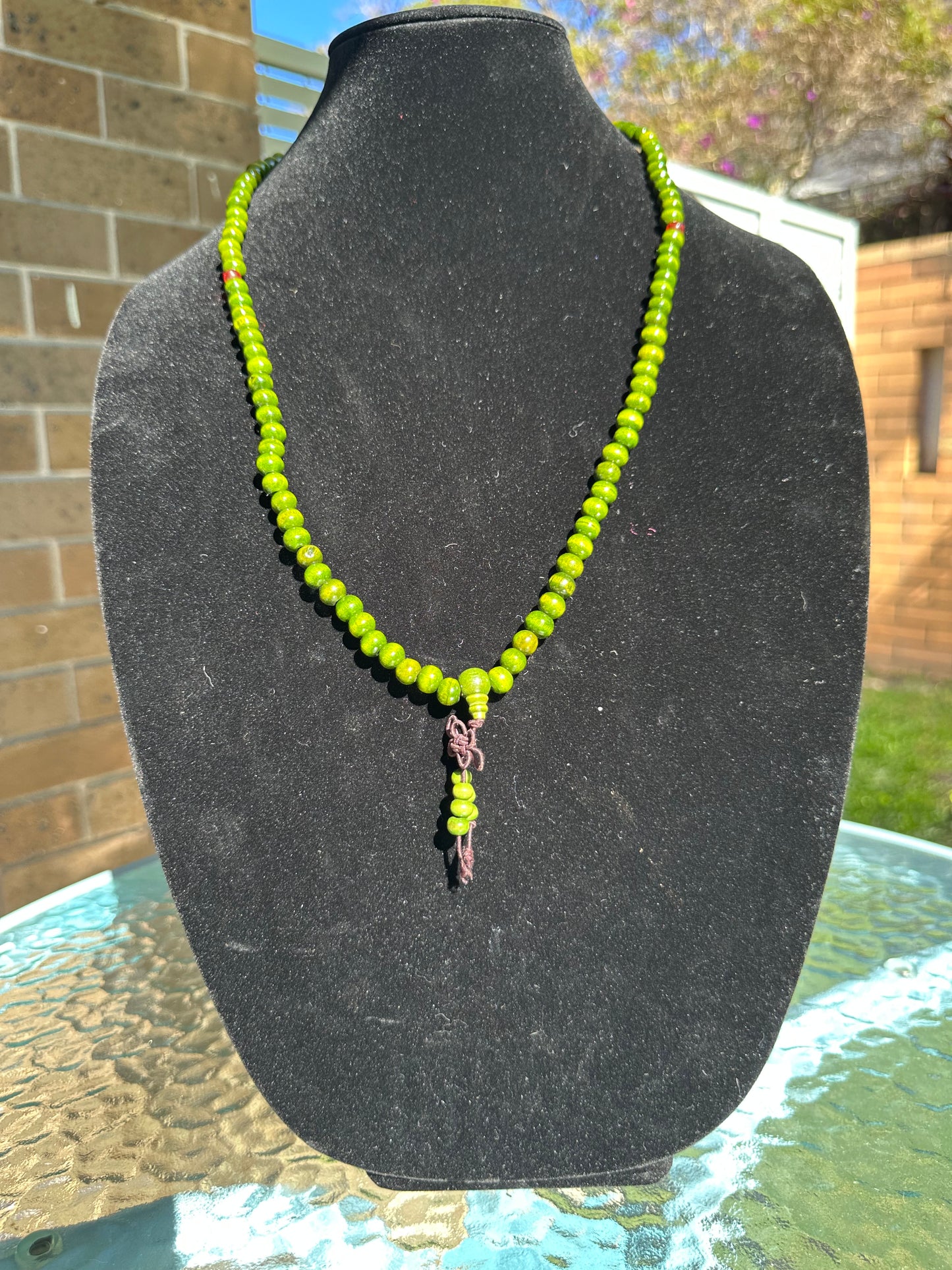 Green wooden bead mala