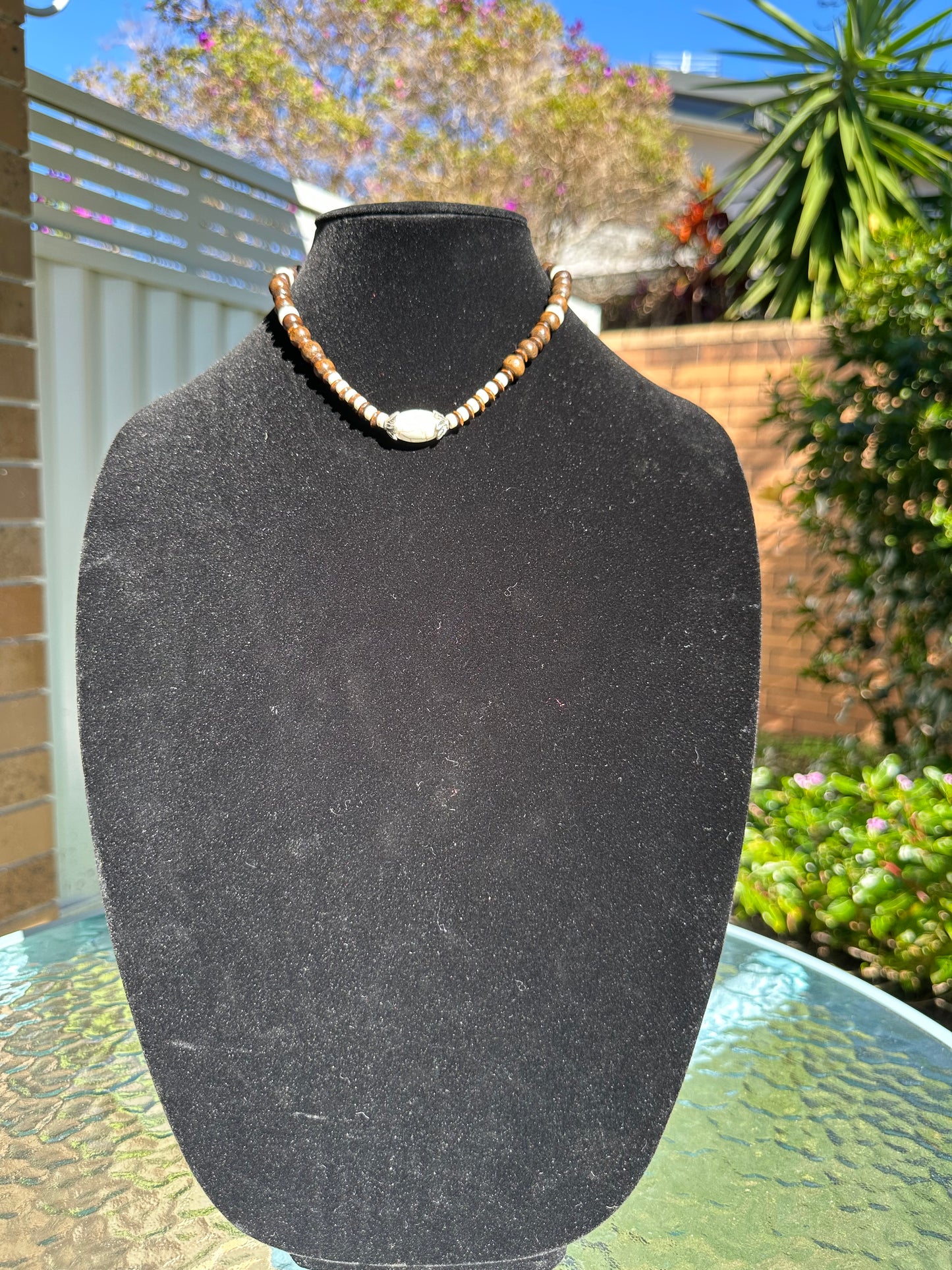 White turquoise,Black Onyx and wooden beaded Necklace