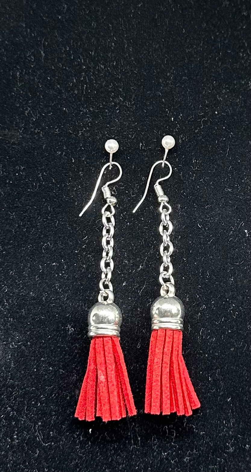 Red Leather Tassel Earrings