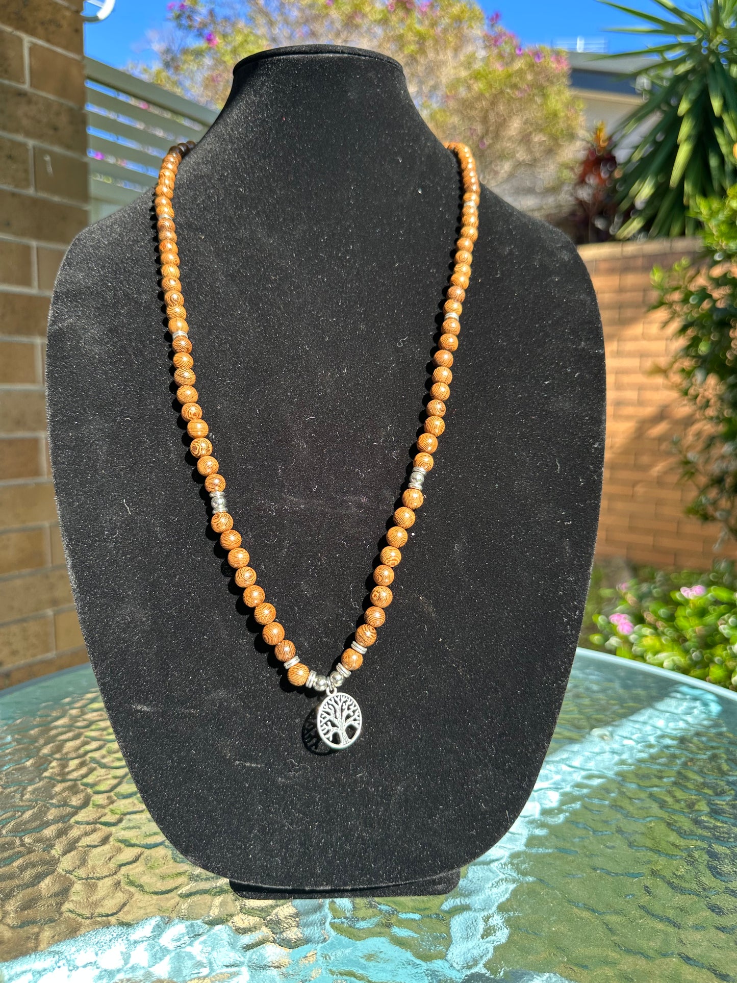 Natural wooden bead Mala with Tree of life pendant