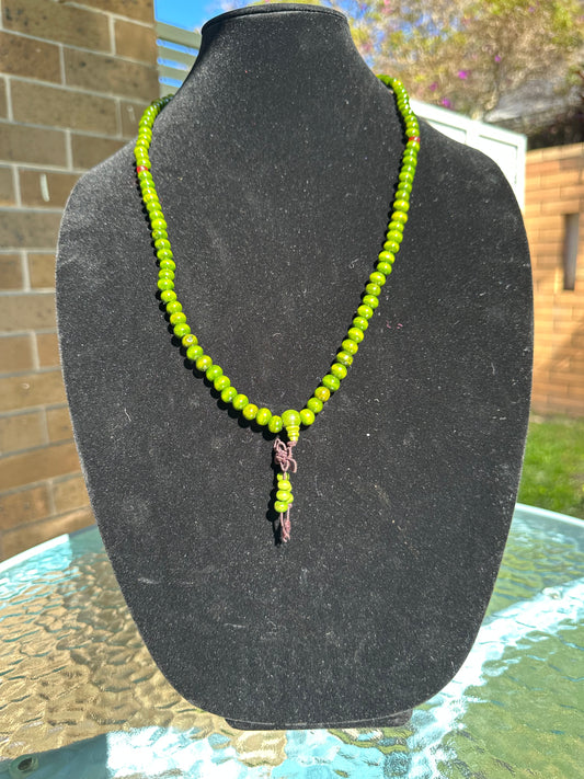 Green wooden bead mala