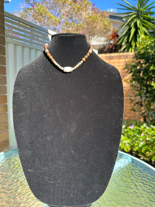 White turquoise,Black Onyx and wooden beaded Necklace