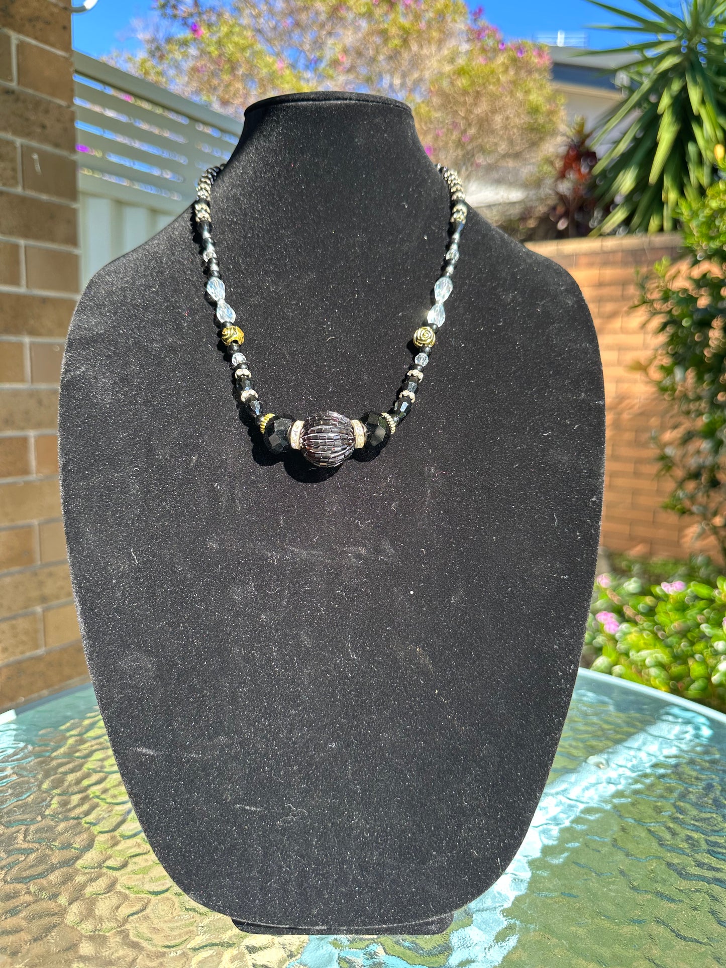 Gold roses, black and silver beaded  necklace