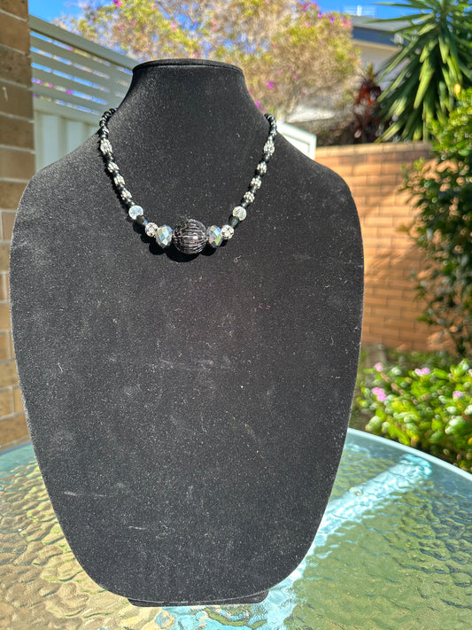 Multi-size beaded black,silver necklace