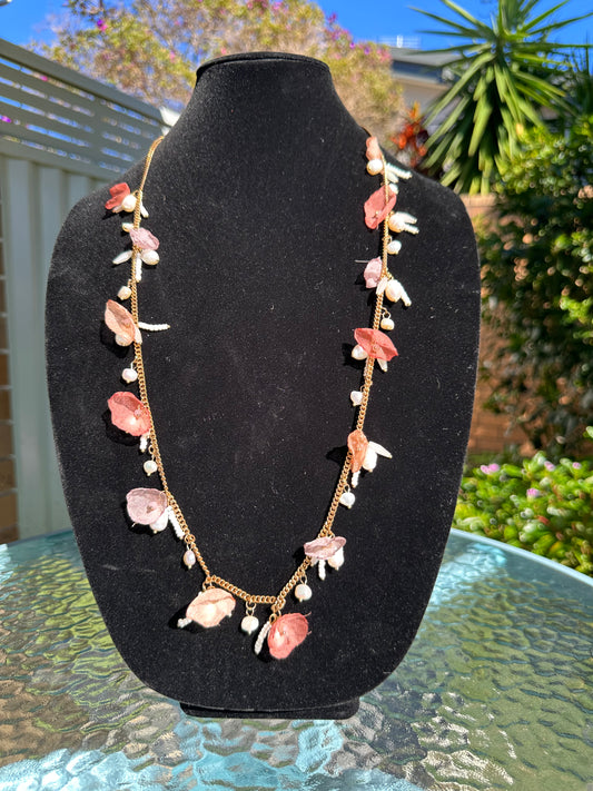 Natural white pearl Necklace with side silk flowers
